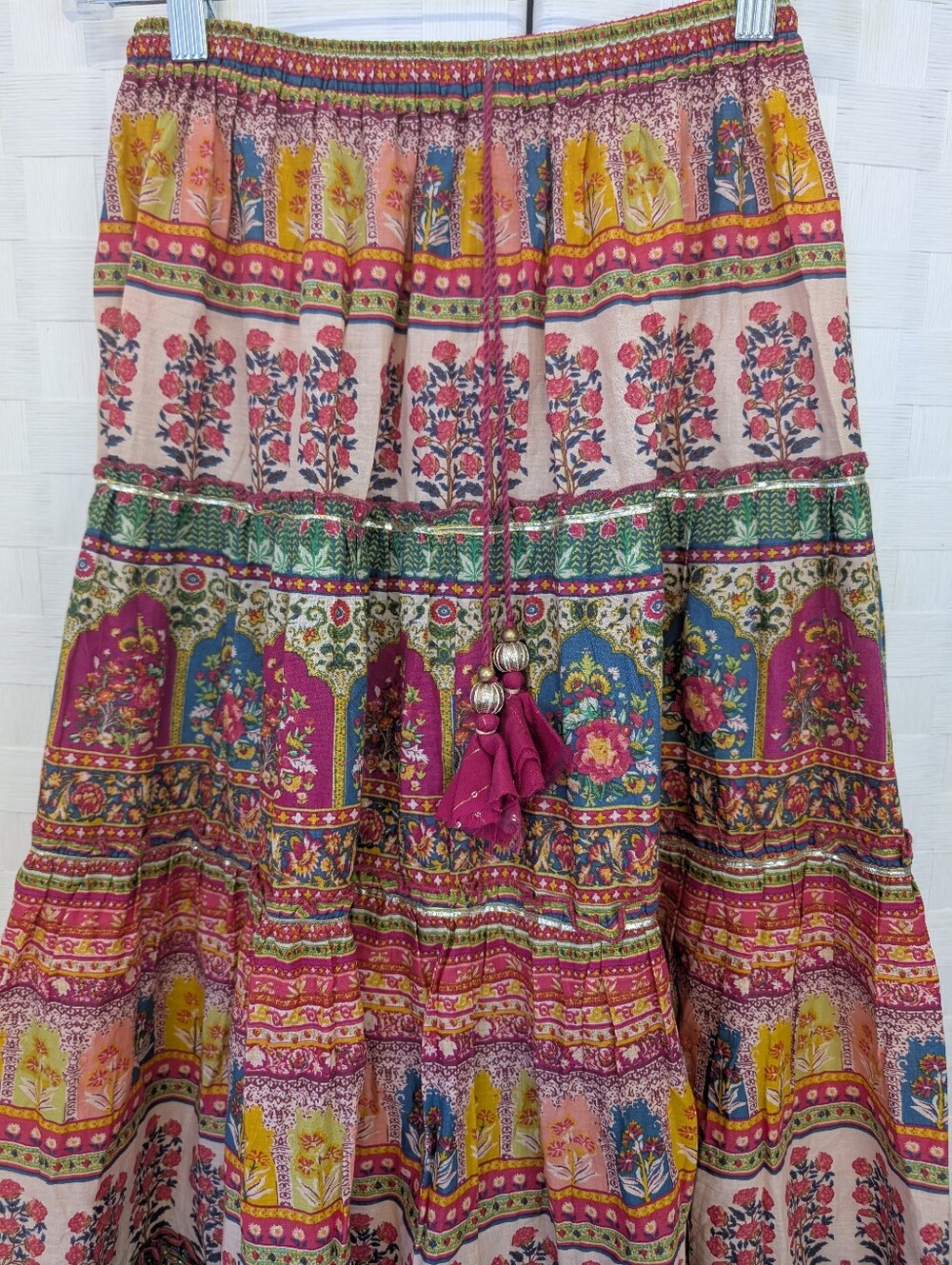 Maxi Skirt Bohemian Hippie Peasant Festival Floral Tiered  - Pink & Green Sz S - Picture 2 of 5